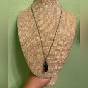 Silver Chain Necklace with Burgundy Stone Pendant